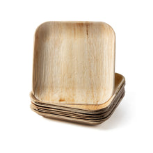Load image into Gallery viewer, 100 count Square Palm Plates 10", Sustainable, Biodegradable and Disposable Leafware. Ideal for your dinner and event parties. Party plates, green and eco-friendly. Bundle leaf plates